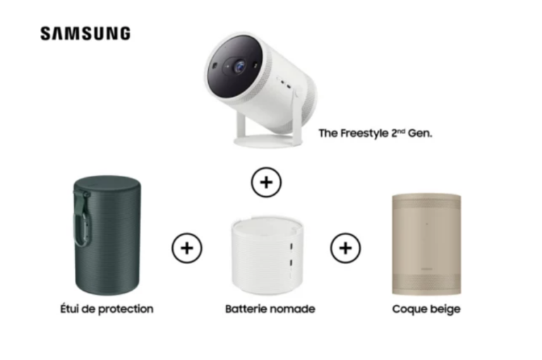 Pack video projecteur samsung freestyle v2 avec coque, batterie et étui